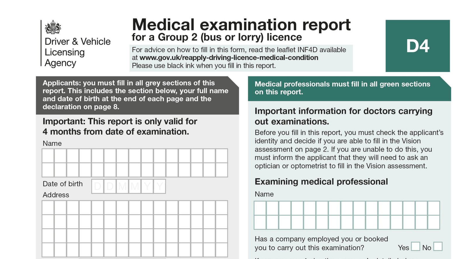 A close-up of a DVLA D4 medical examination report form